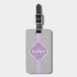Etiqueta De Bagagem Púrpura Lilac Cinza Chevron Padrão e Monograma