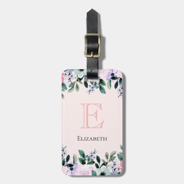 Etiqueta De Bagagem Púrpura Rosa e Aquarela Floral Verde (Frente Vertical)