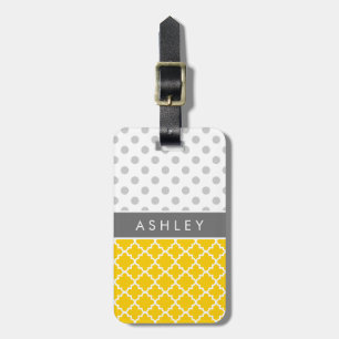 Etiqueta De Bagagem Quatrefoil amarelo e teste padrão de bolinhas