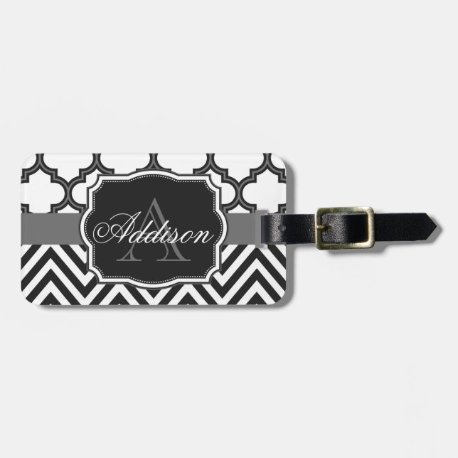 Etiqueta De Bagagem Quatrefoil Chevron Monogram (Frente Horizontal)
