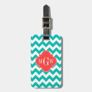 Etiqueta De Bagagem Quatrefoil Coral Branco Teto Chevron 3 Monograma
