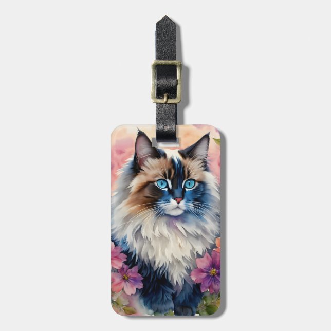 Etiqueta De Bagagem Ragdoll Cat Retrato Floral (Frente Vertical)