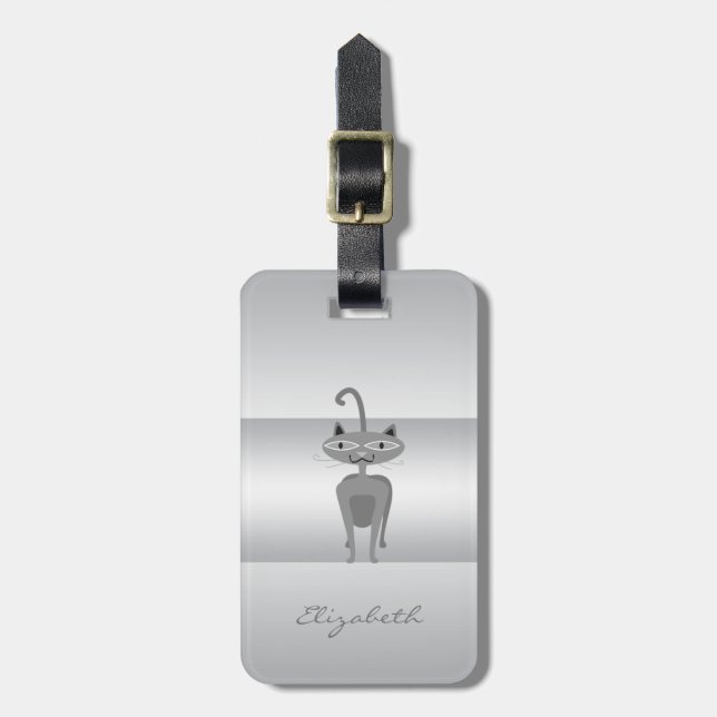 Etiqueta De Bagagem Rapariga Elegante Moderna, Gato Whimsical Silver (Frente Vertical)