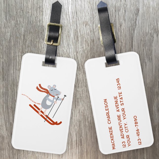 Etiqueta De Bagagem Rato de esqui bonito (Skiing Mouse fun cute quirky personalized luggage tags)