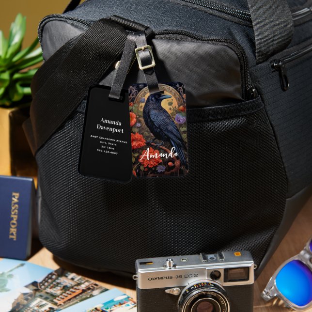 Etiqueta De Bagagem Raven Preto com Design Gótico Flores (Frente e verso)