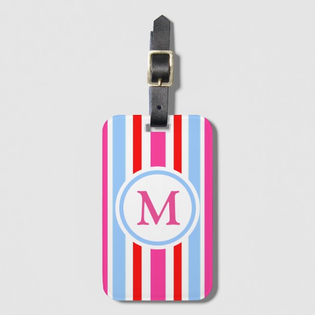 Etiqueta De Bagagem Red Blue Pink Candy Stripes Monogram (Frente Vertical)