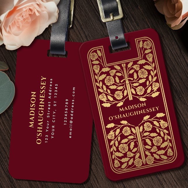 Etiqueta De Bagagem Red Medieval Fantasy Dourada Sword Name (Criador carregado)