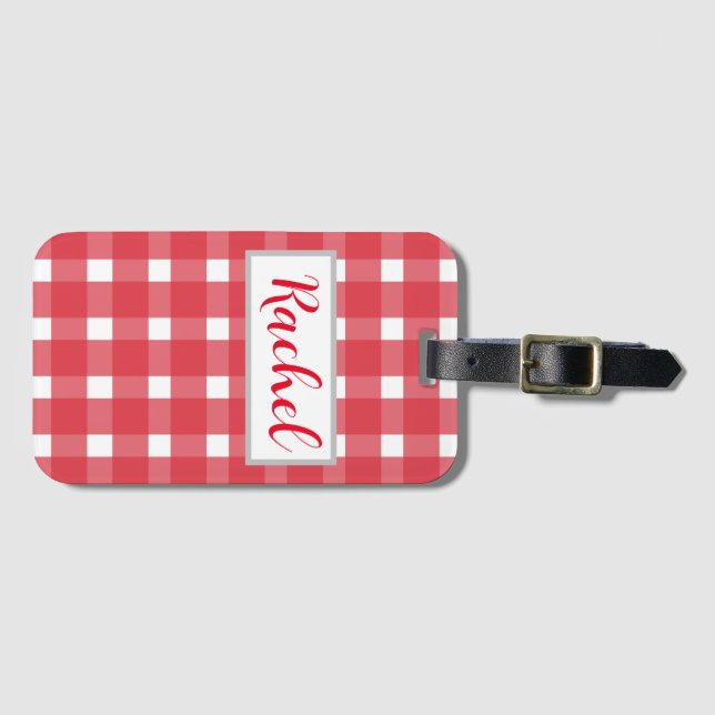Etiqueta De Bagagem Red White Gingham Personalizado (Frente Horizontal)