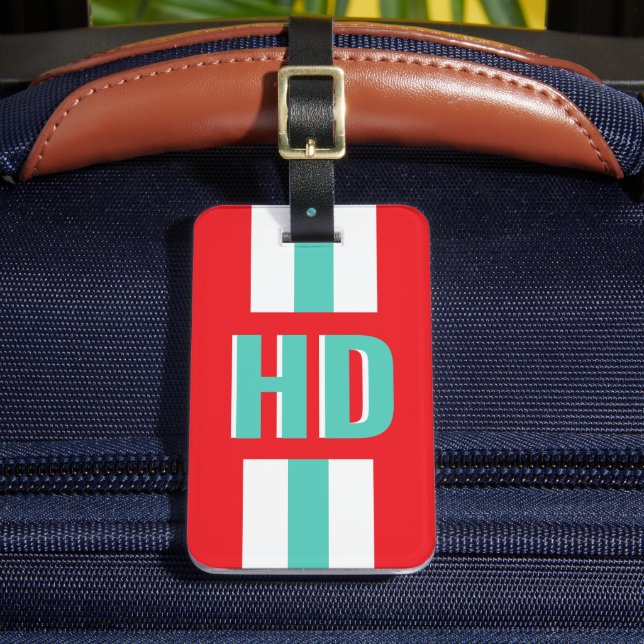 Etiqueta De Bagagem Red & white striped Shadow Monogram retro travel (Frente Insitu 2)