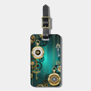 Etiqueta De Bagagem Relógio de Joia Steampunk em um Fundo Verde