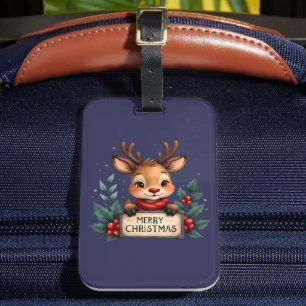 Etiqueta De Bagagem Rena de Natal Fofa com Azevinho e Placa