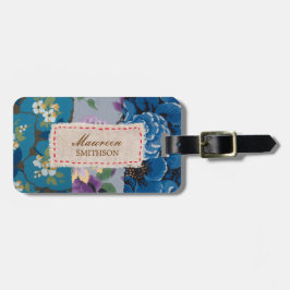 Etiqueta De Bagagem Retalhos florais do tecido (azuis) personalizados