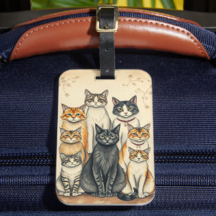 Etiqueta De Bagagem Retrato da Família Cat Inspirado na Vintage