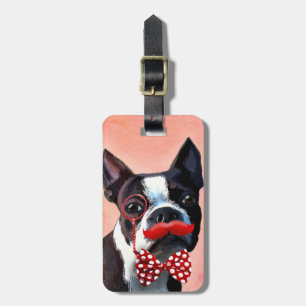 Etiqueta De Bagagem Retrato de Boston Terrier com Arco Vermelho e 3