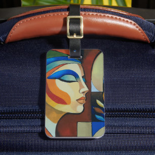 Etiqueta De Bagagem Retrato de Mulher Cubista Abstrata Colorida Acríli
