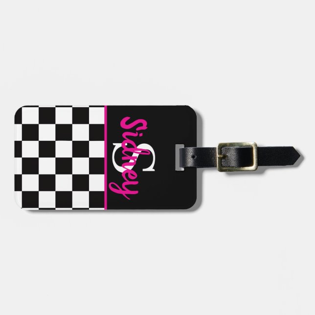 Etiqueta De Bagagem Retro Checkerboard Neon Pink Name Monogram (Frente Horizontal)