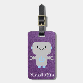 Etiqueta De Bagagem Robô de Cartoon em Branco, Roxo com Nome