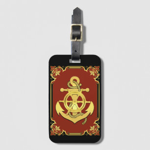 Etiqueta De Bagagem Roda/âncora do navio náutico, vermelho/ouro