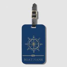 Etiqueta De Bagagem Roda de Leme Náutica Dourada, Azul Marinho