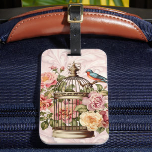 Etiqueta De Bagagem Romântico Cage de Pássaros Floral Aquarela Vintage