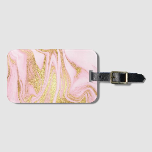 Etiqueta De Bagagem Rosa com Dourada brilho (Frente Horizontal)