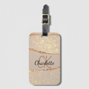 Etiqueta De Bagagem Rosa dourado agitar monograma de mármore com bril