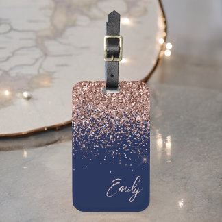 Etiqueta De Bagagem Rosa Dourado Azul Marinho Brilho Rosa Monograma