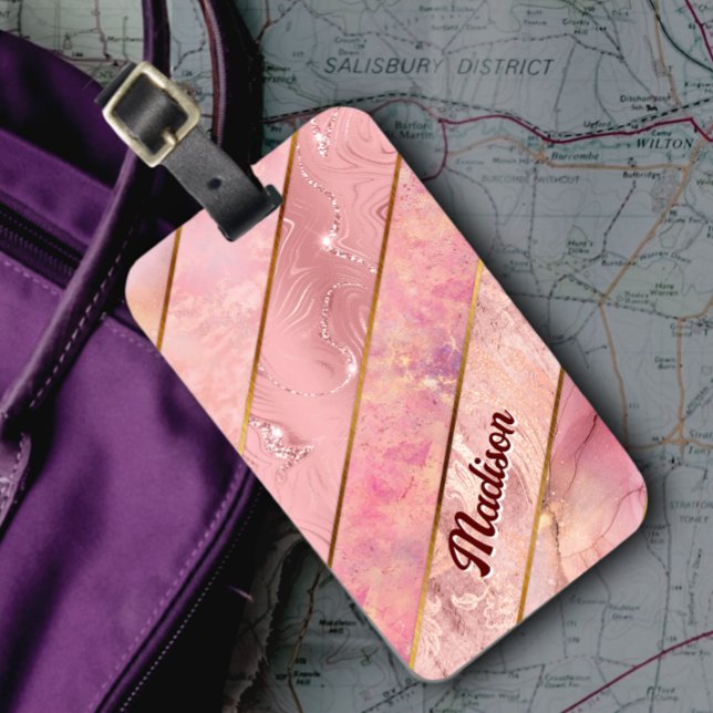 Etiqueta De Bagagem Rosa dourado-chic - geométrico elegante (Criador carregado)