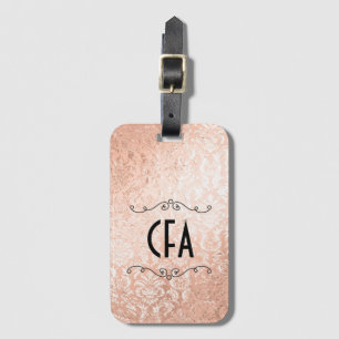 Etiqueta De Bagagem Rosa Dourado Damasko com Monograma Personalizado