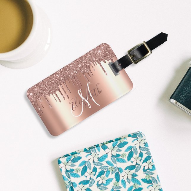 Etiqueta De Bagagem Rosa Dourado Drives Glitter Metal Monograma Bagage (Criador carregado)