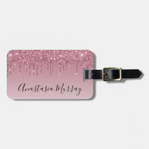 Etiqueta De Bagagem Rosa Dourado Glitter Gotas Nome Feminino e Glamour