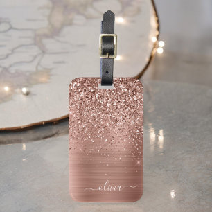Etiqueta De Bagagem Rosa Dourado Metal Brilhante Monograma
