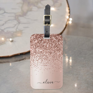 Etiqueta De Bagagem Rosa Dourado - Monograma de Nome em Brilho Rosa Be