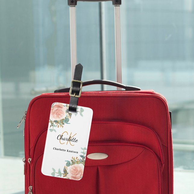 Etiqueta De Bagagem Rosa dourado monograma elegante (Criador carregado)