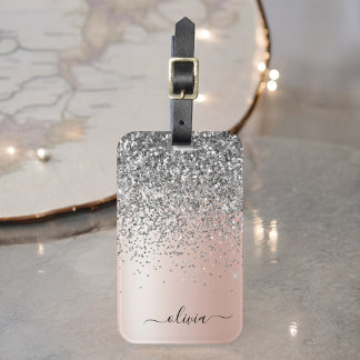 Etiqueta De Bagagem Rosa Dourado - Rosa Bege Glitter Monograma Pratead