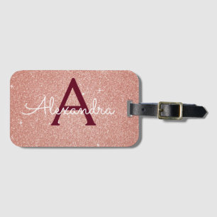 Etiqueta De Bagagem Rosa Dourado Rosa Borgonha Brilho Glitter Monogram