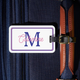 Etiqueta De Bagagem Rosa e Azul Marinho Preppy Monograma Simples