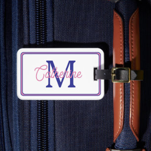 Etiqueta De Bagagem Rosa e Azul Marinho Preppy Monograma Simples