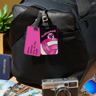 Etiqueta De Bagagem Rosa e branco com voleibol desportivo preto