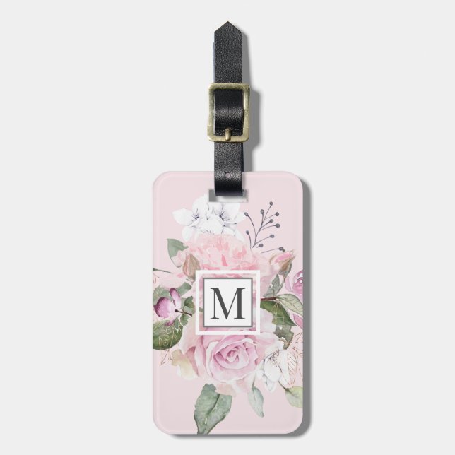 Etiqueta De Bagagem Rosa Garden Blush ⎢ Monograma (Frente Vertical)