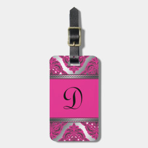 Etiqueta De Bagagem Rosa ornamentado do damasco, preto, prata