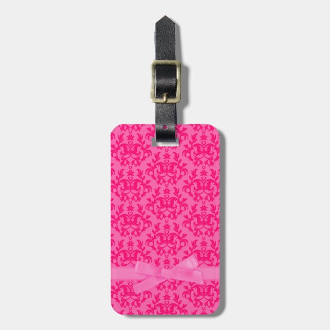 Etiqueta de bagagem rosa quente com damask (Frente Vertical)