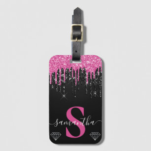 Etiqueta De Bagagem Rosa Quente & Monograma com Glitter Pingando Preto