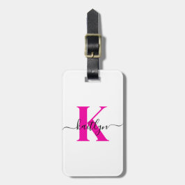 Etiqueta De Bagagem Rosa Quente Preto Inicial Nome Monogramado