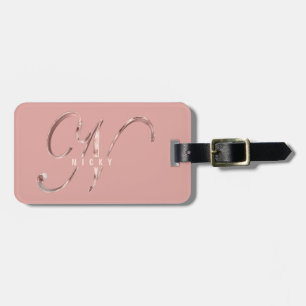 Etiqueta De Bagagem Rosa Rosa Elegante Monograma Dourado N Inicial