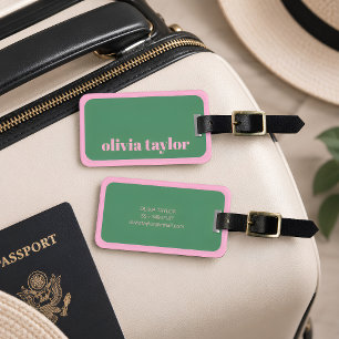 Etiqueta De Bagagem Rosa Verde Personalizado Nome Viagem Fofo