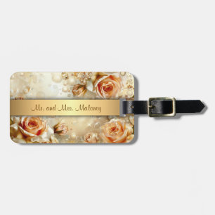 Etiqueta De Bagagem Rosas Apricot Brilho Dourado