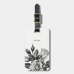 Etiqueta De Bagagem Rosas de chá elegantes do vintage   preto e branco