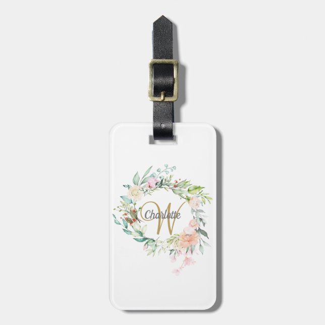 Etiqueta De Bagagem Rosas Monogramas Elegante Dourado Floral (Frente Vertical)