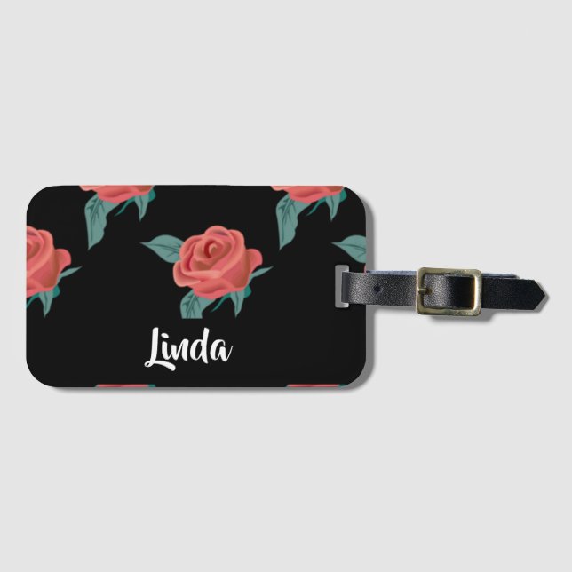 Etiqueta De Bagagem Rosas rosa a preto (Frente Horizontal)